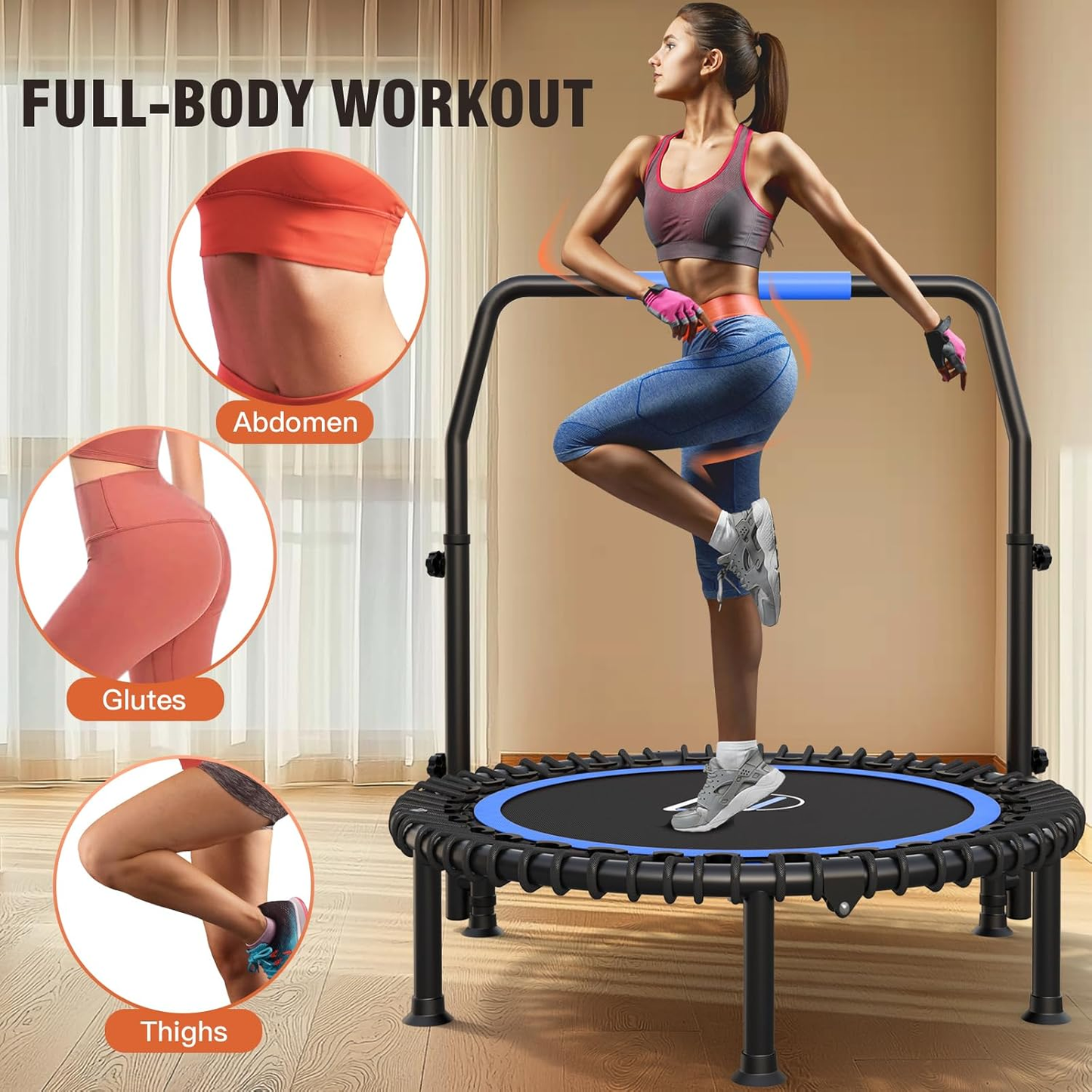 KRISRATE 40" Mini Trampoline Rebounder with 4-Level Adjustable Handle, Heavy Duty Fitness Trampoline 400 LBS Capacity for Indoor Outdoor Exercise