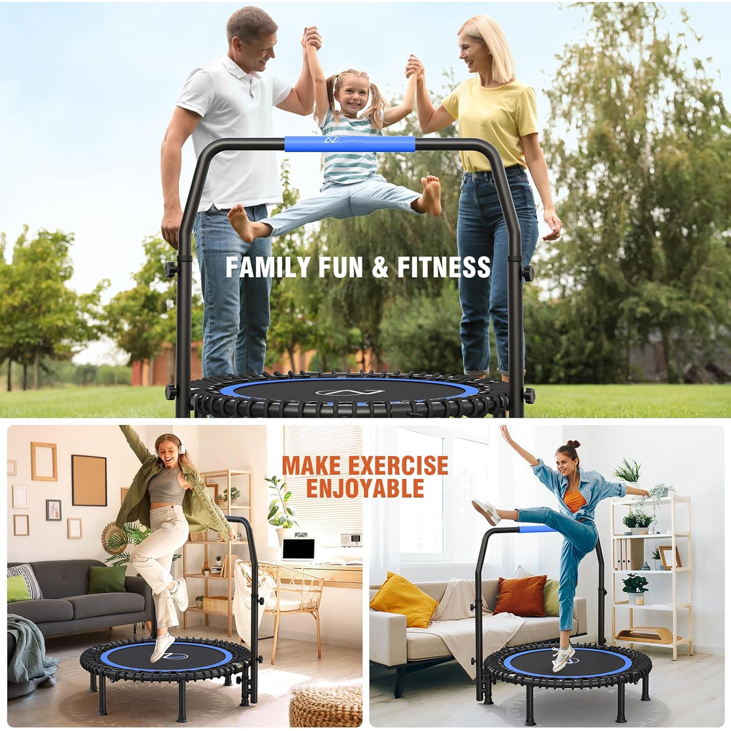 KRISRATE 40" Mini Trampoline Rebounder with 4-Level Adjustable Handle, Heavy Duty Fitness Trampoline 400 LBS Capacity for Indoor Outdoor Exercise