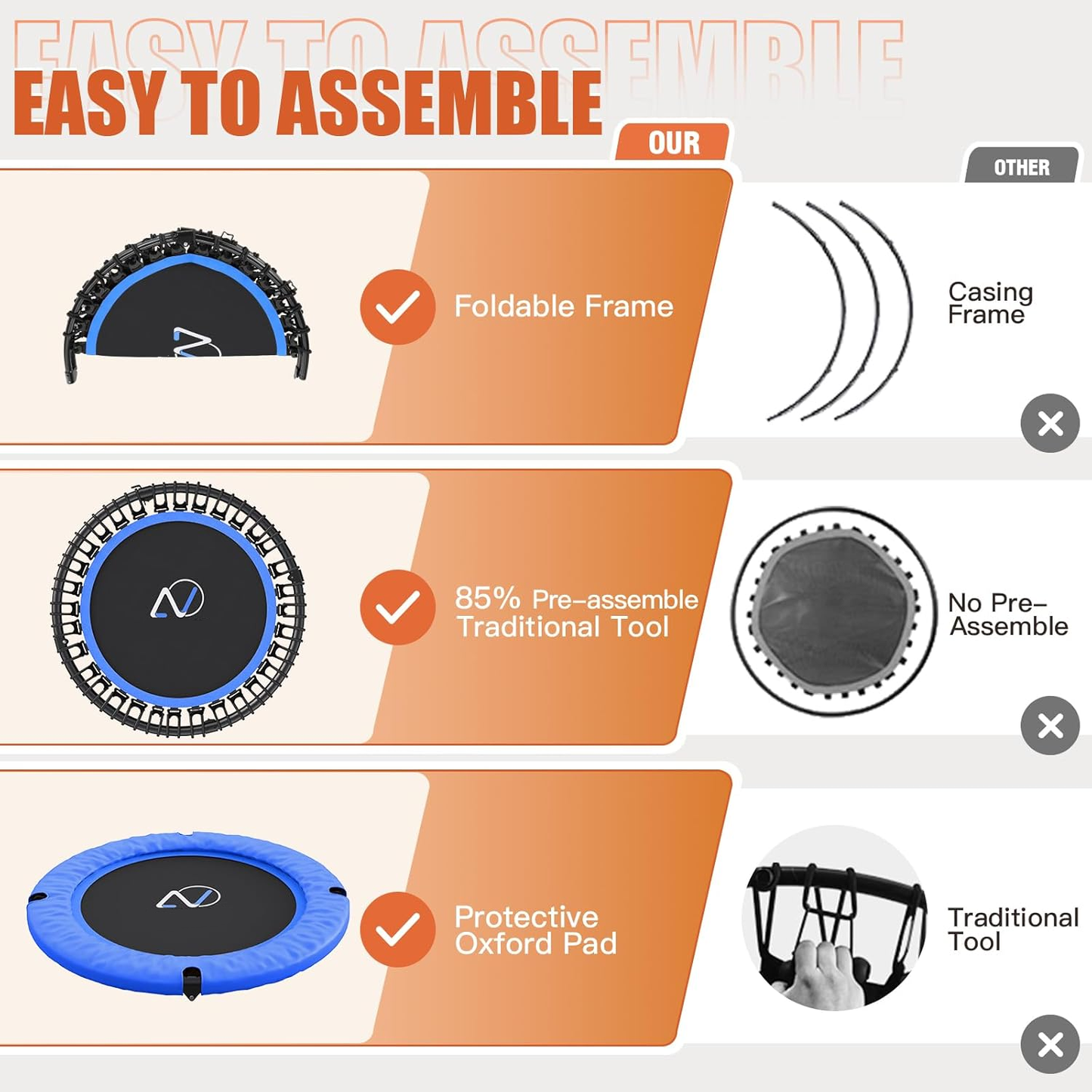 KRISRATE 40" Mini Trampoline Rebounder with 4-Level Adjustable Handle, Heavy Duty Fitness Trampoline 400 LBS Capacity for Indoor Outdoor Exercise