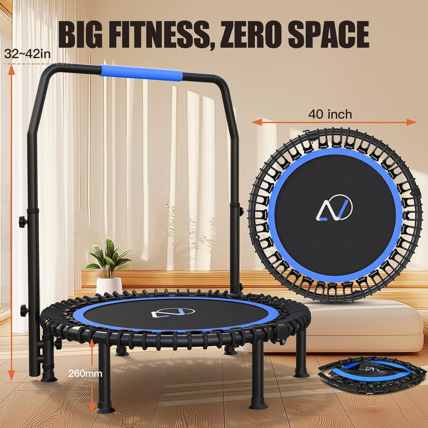 KRISRATE 40" Mini Trampoline Rebounder with 4-Level Adjustable Handle, Heavy Duty Fitness Trampoline 400 LBS Capacity for Indoor Outdoor Exercise