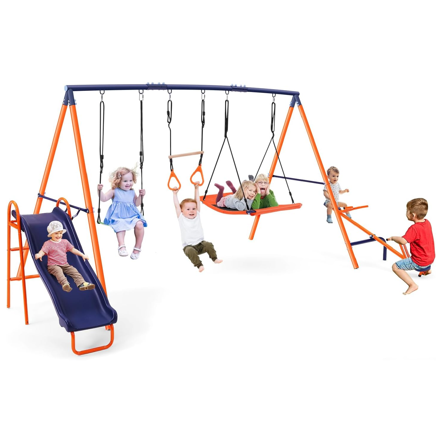 KRISRATE Heavy Duty Metal Swing Set for Kids Backyard with 3 Adjustable Swings, Wave Slide, Teeter-Totter, Steel Frame Swingset,  700 lbs Capacity
