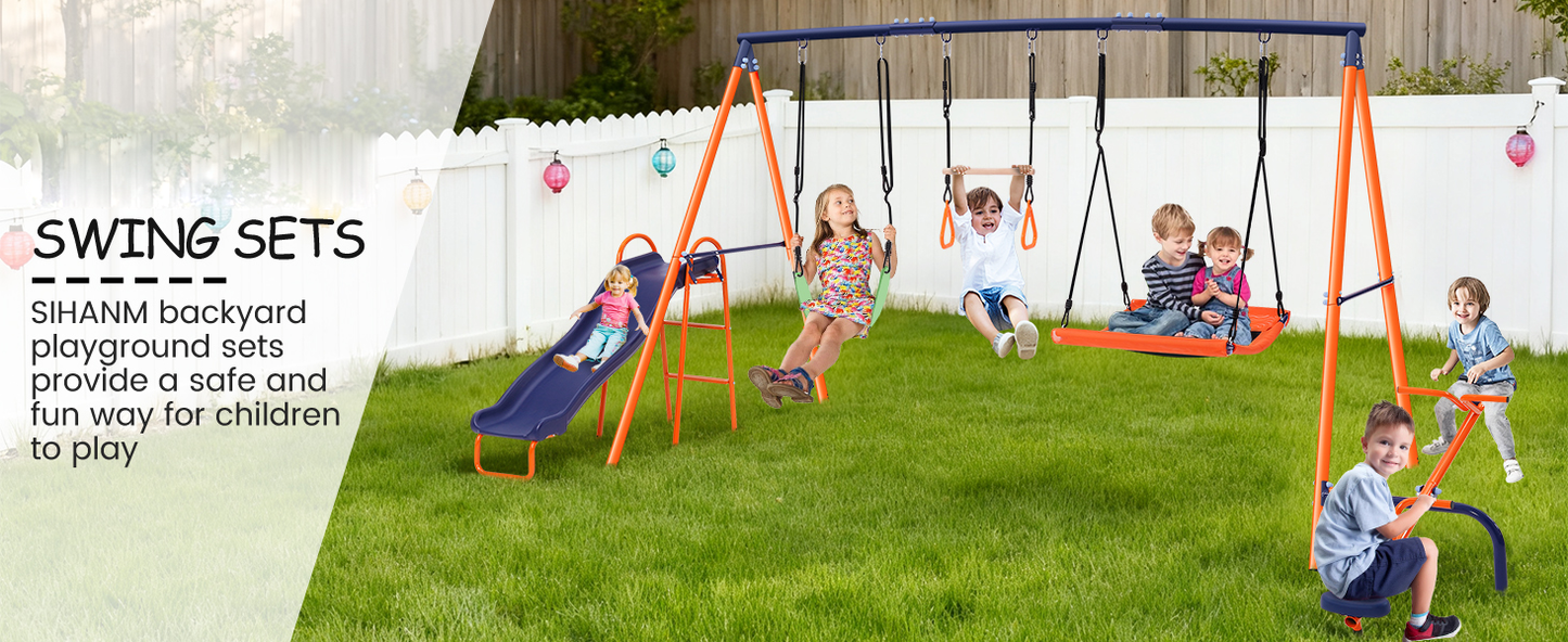 KRISRATE Heavy Duty Metal Swing Set for Kids Backyard with 3 Adjustable Swings, Wave Slide, Teeter-Totter, Steel Frame Swingset,  700 lbs Capacity