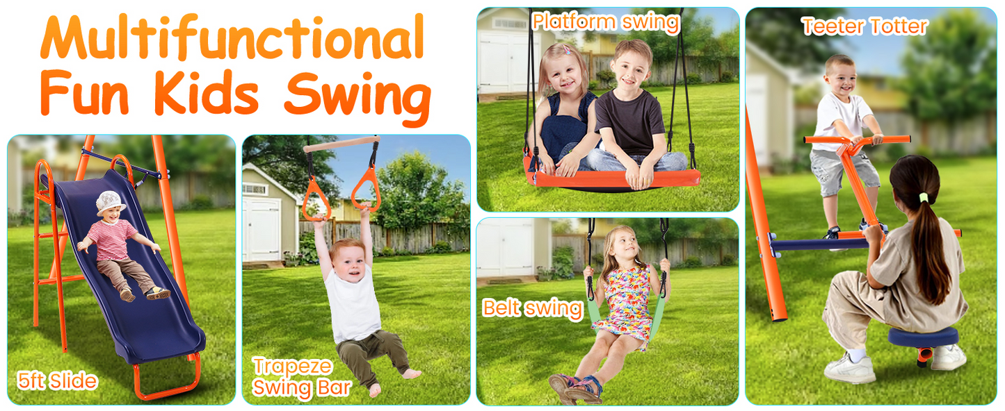 KRISRATE Heavy Duty Metal Swing Set for Kids Backyard with 3 Adjustable Swings, Wave Slide, Teeter-Totter, Steel Frame Swingset,  700 lbs Capacity