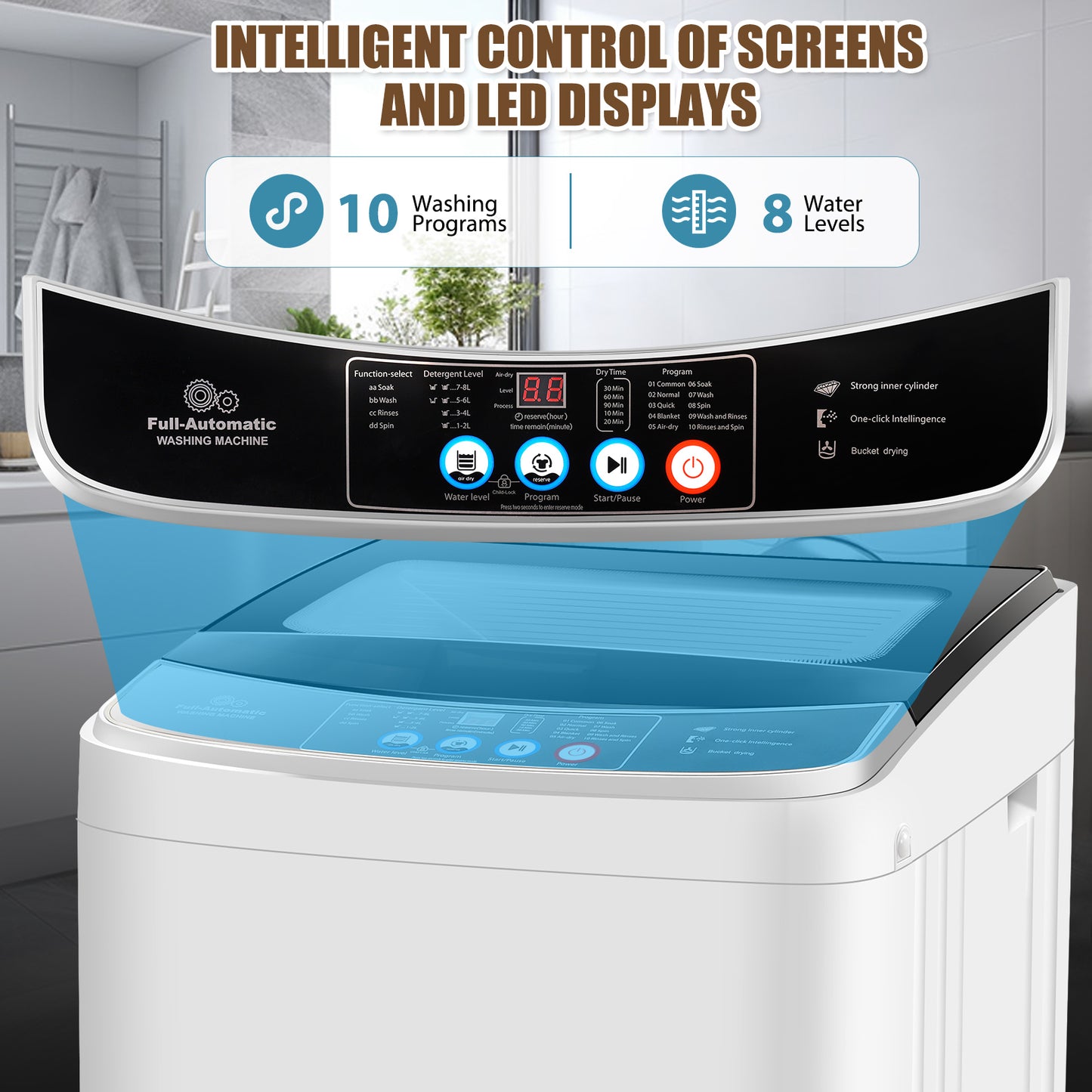 KRISRATE Portable Washing Machine 2.1 Cu.ft, Full-Automatic 15.6Lbs Compact Washer with Drain Pump, 10 Programs for Apartment Dorm RV Home, Gray White