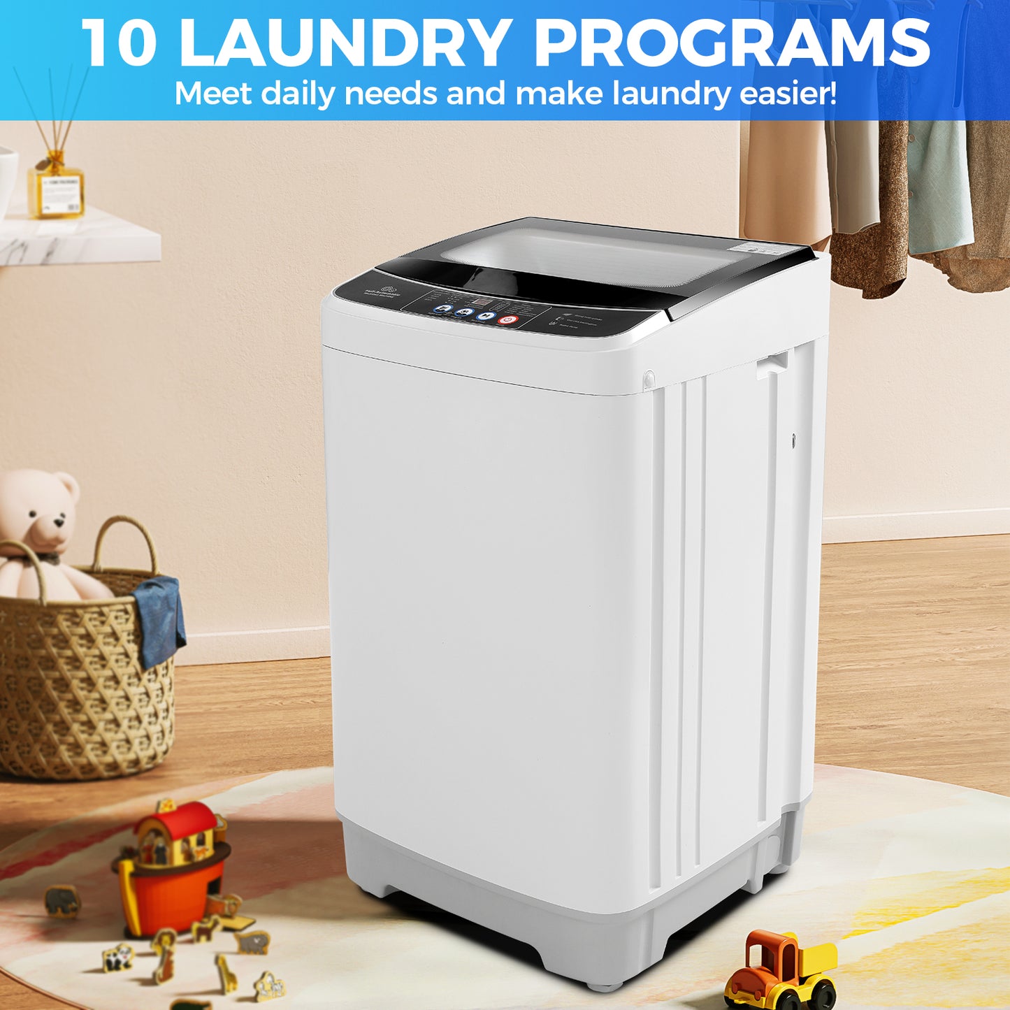 KRISRATE 17.8Lbs Portable Washing Machine, 2.4 Cu.ft Full Automatic Portable Washer with 10 Programs 8 Water Levels, Drain Pump, Glass Top Lid