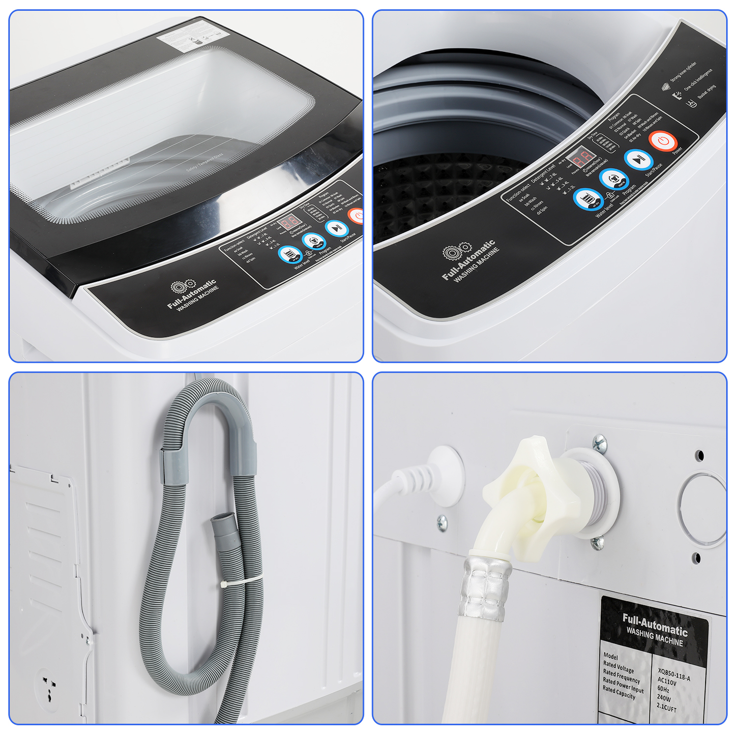 KRISRATE 17.8Lbs Portable Washing Machine, 2.4 Cu.ft Full Automatic Portable Washer with 10 Programs 8 Water Levels, Drain Pump, Glass Top Lid