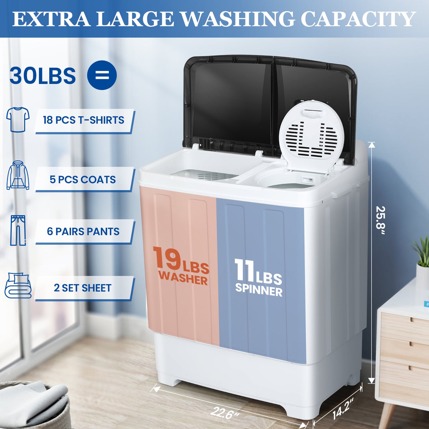 KRISRATE Washing Machine 30Lbs Twin Tub Portable Washing Machine, 19Lbs Washer 11Lbs Spinner Combo with Drain Pump Time Control for Apartment Dorm RV