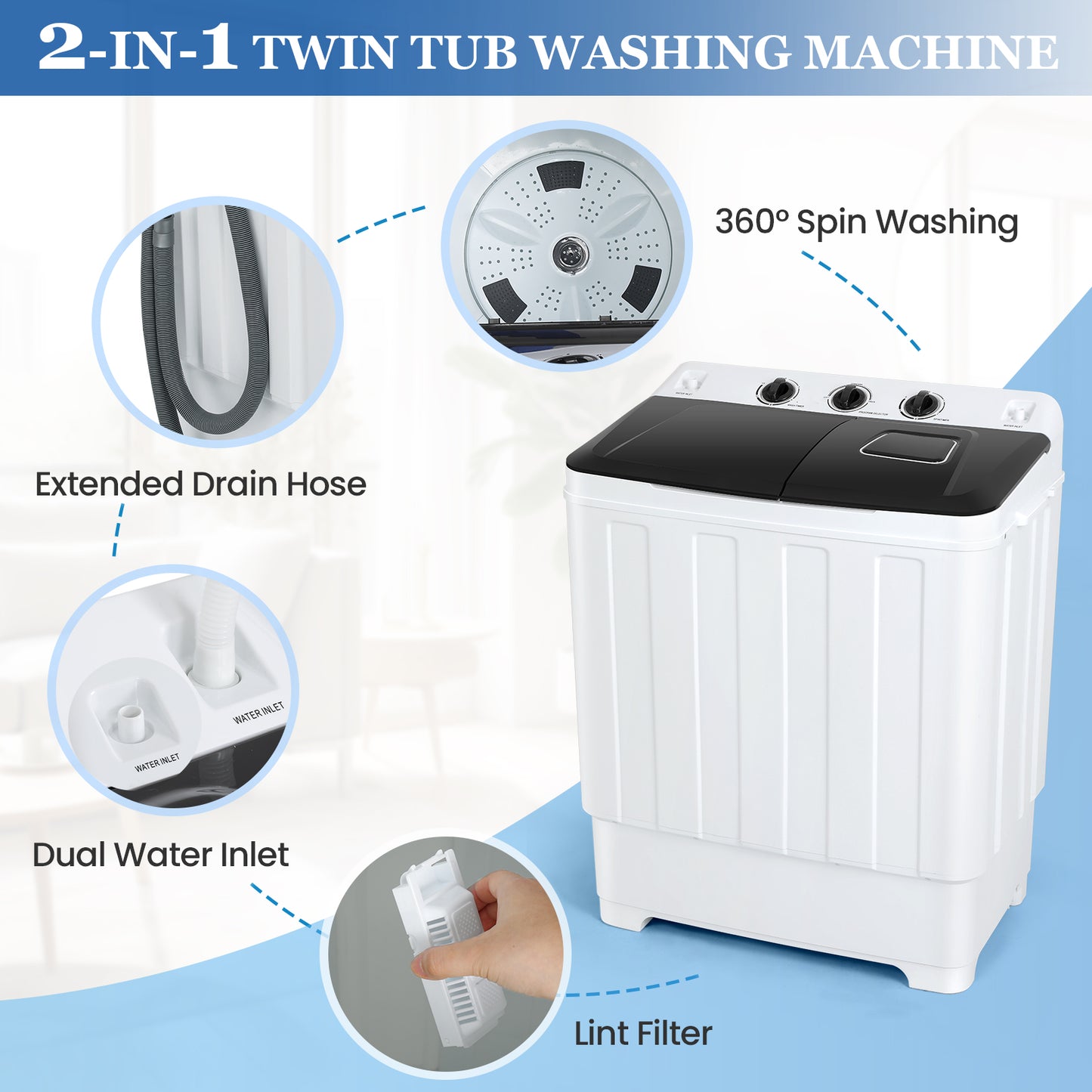 KRISRATE Washing Machine 30Lbs Twin Tub Portable Washing Machine, 19Lbs Washer 11Lbs Spinner Combo with Drain Pump Time Control for Apartment Dorm RV