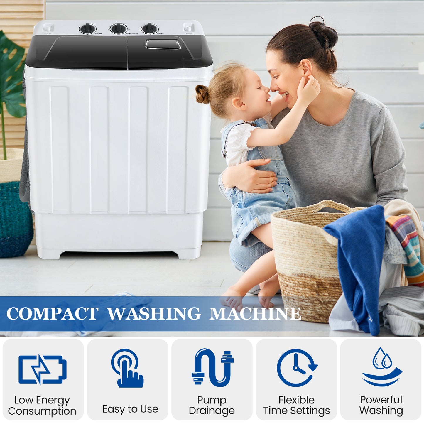 KRISRATE Washing Machine 30Lbs Twin Tub Portable Washing Machine, 19Lbs Washer 11Lbs Spinner Combo with Drain Pump Time Control for Apartment Dorm RV