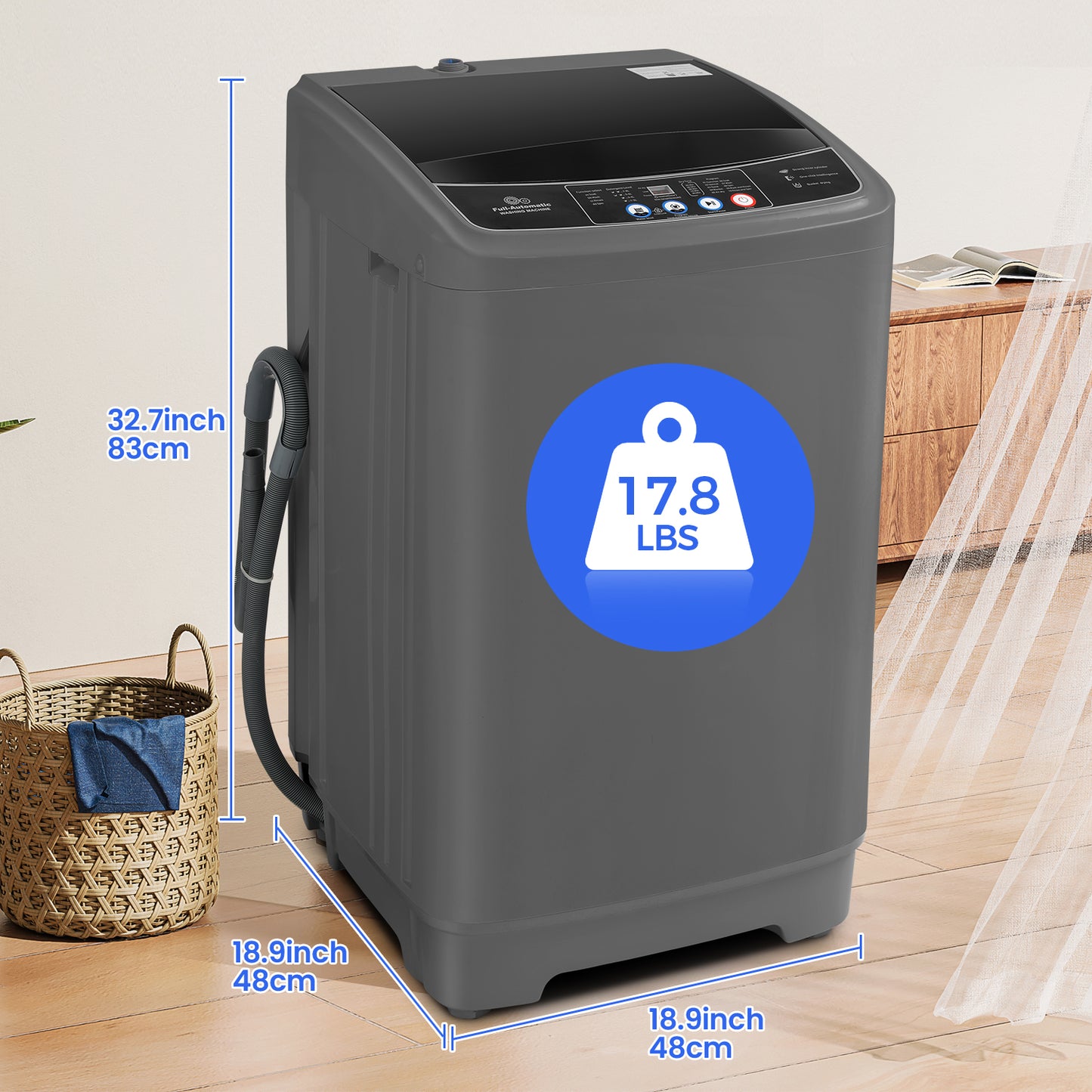 KRISRATE 17.8lb Full Automatic Washing Machine, Compact Washing Machine with Drain Pump, LED Display, Washer and Dryer Combo for Home, RV, Dorms,Gray