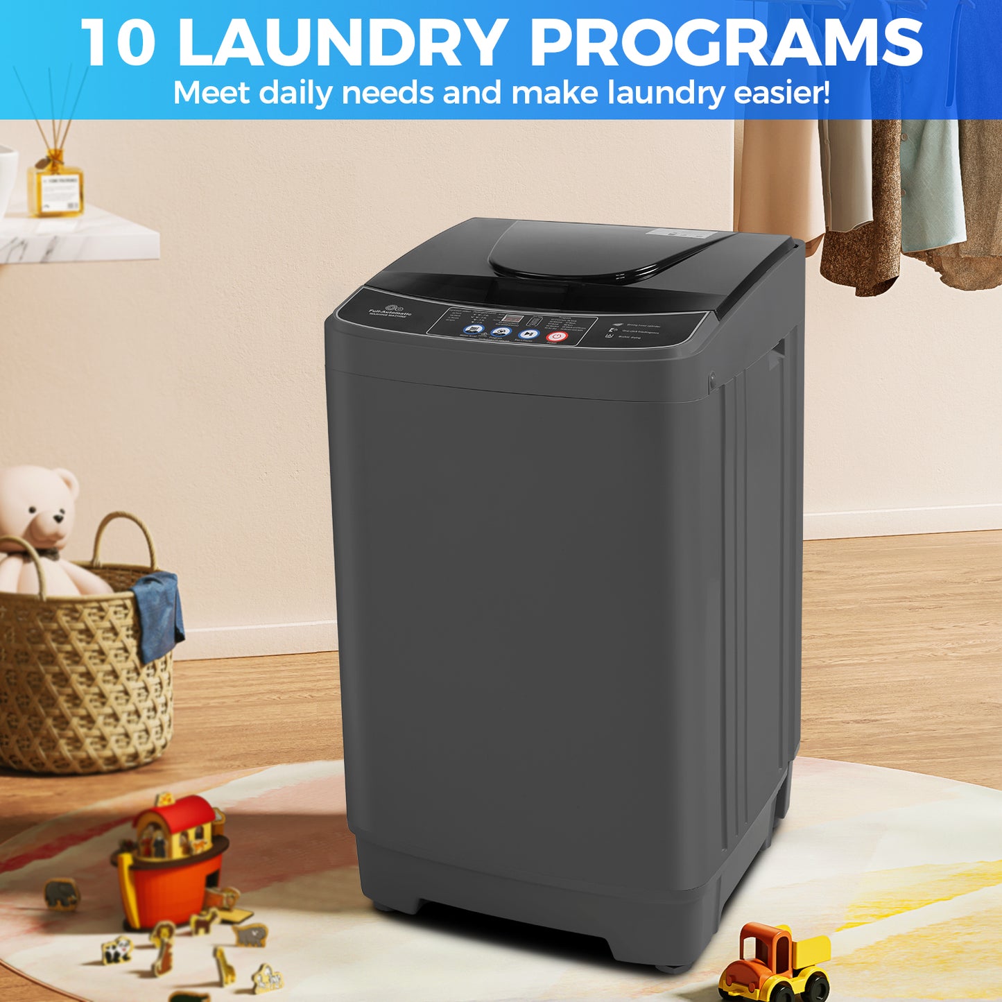 KRISRATE Portable Washing Machine 15.6Lbs/20Lbs Compact Washer with Drain Pump,10 Programs&8 Water Levels,LED Display for Apartment Dorm RV, Gray
