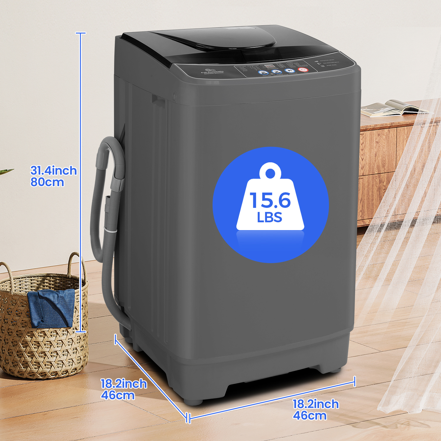 KRISRATE Portable Washing Machine 15.6Lbs/20Lbs Compact Washer with Drain Pump,10 Programs&8 Water Levels,LED Display for Apartment Dorm RV, Gray