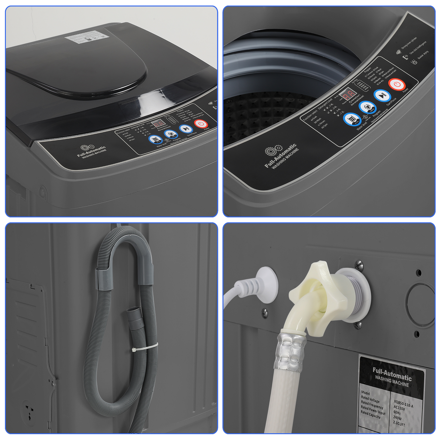 KRISRATE Portable Washing Machine 15.6Lbs/20Lbs Compact Washer with Drain Pump,10 Programs&8 Water Levels,LED Display for Apartment Dorm RV, Gray