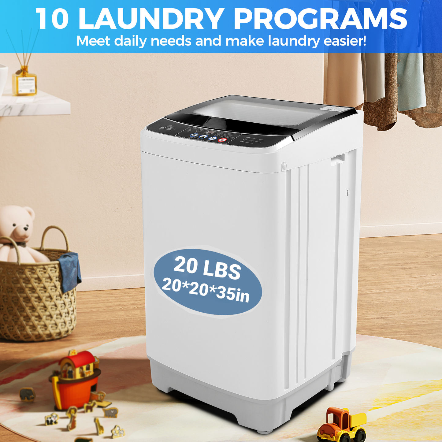 KRISRATE Portable Washing Machine 15.6Lbs/20Lbs Compact Washer with Drain Pump,10 Programs&8 Water Levels,LED Display for Apartment Dorm RV, Gray