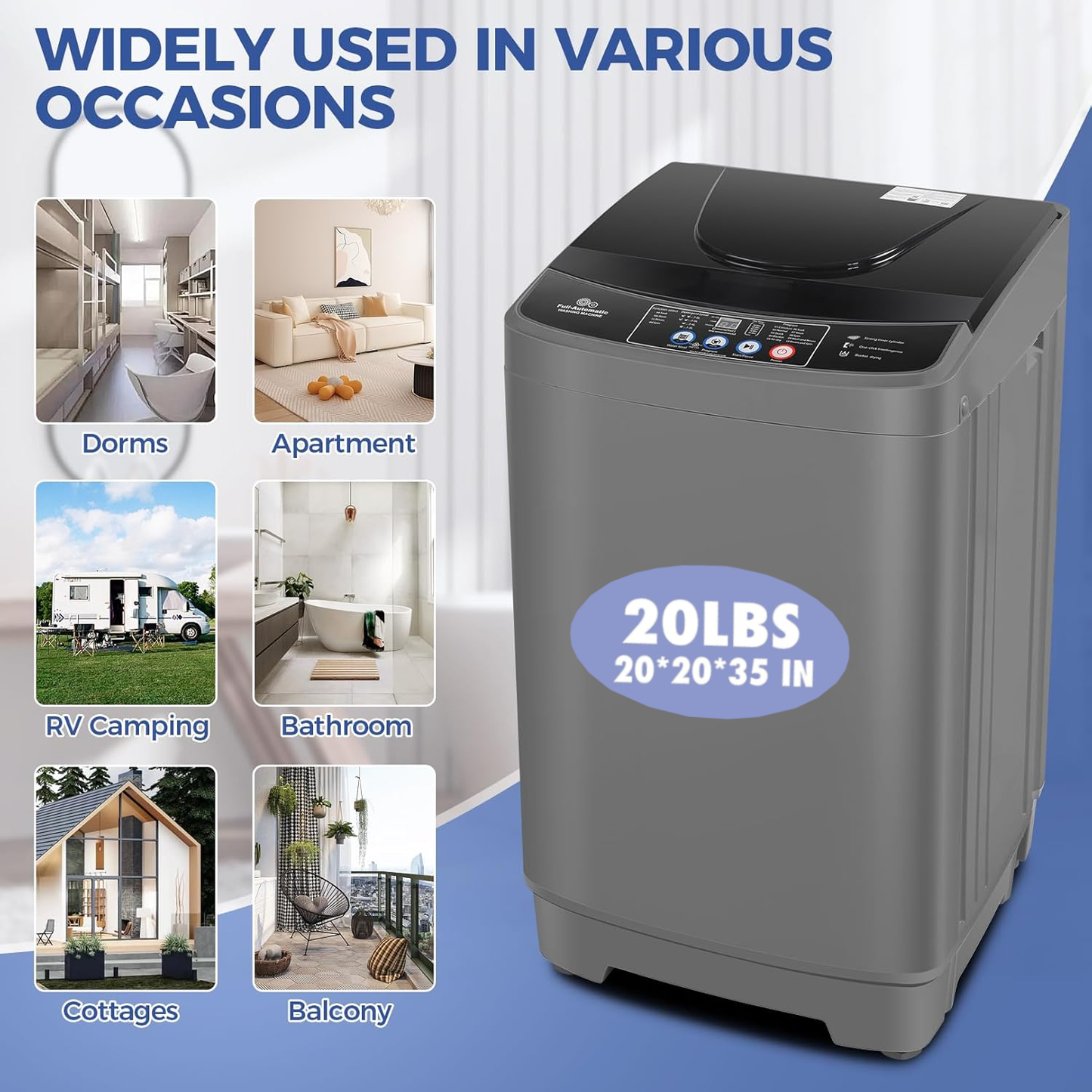 KRISRATE Portable Washing Machine 15.6Lbs/20Lbs Compact Washer with Drain Pump,10 Programs&8 Water Levels,LED Display for Apartment Dorm RV, Gray