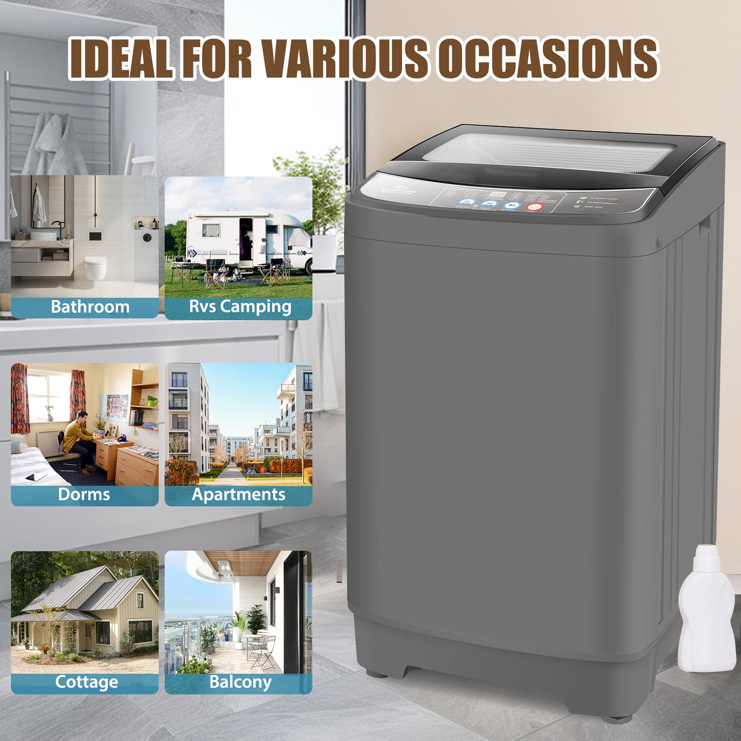 KRISRATE 17.8Lbs Portable Washing Machine, 2.4 Cu.ft Full Automatic Portable Washer with 10 Programs 8 Water Levels, Drain Pump, Glass Top Lid