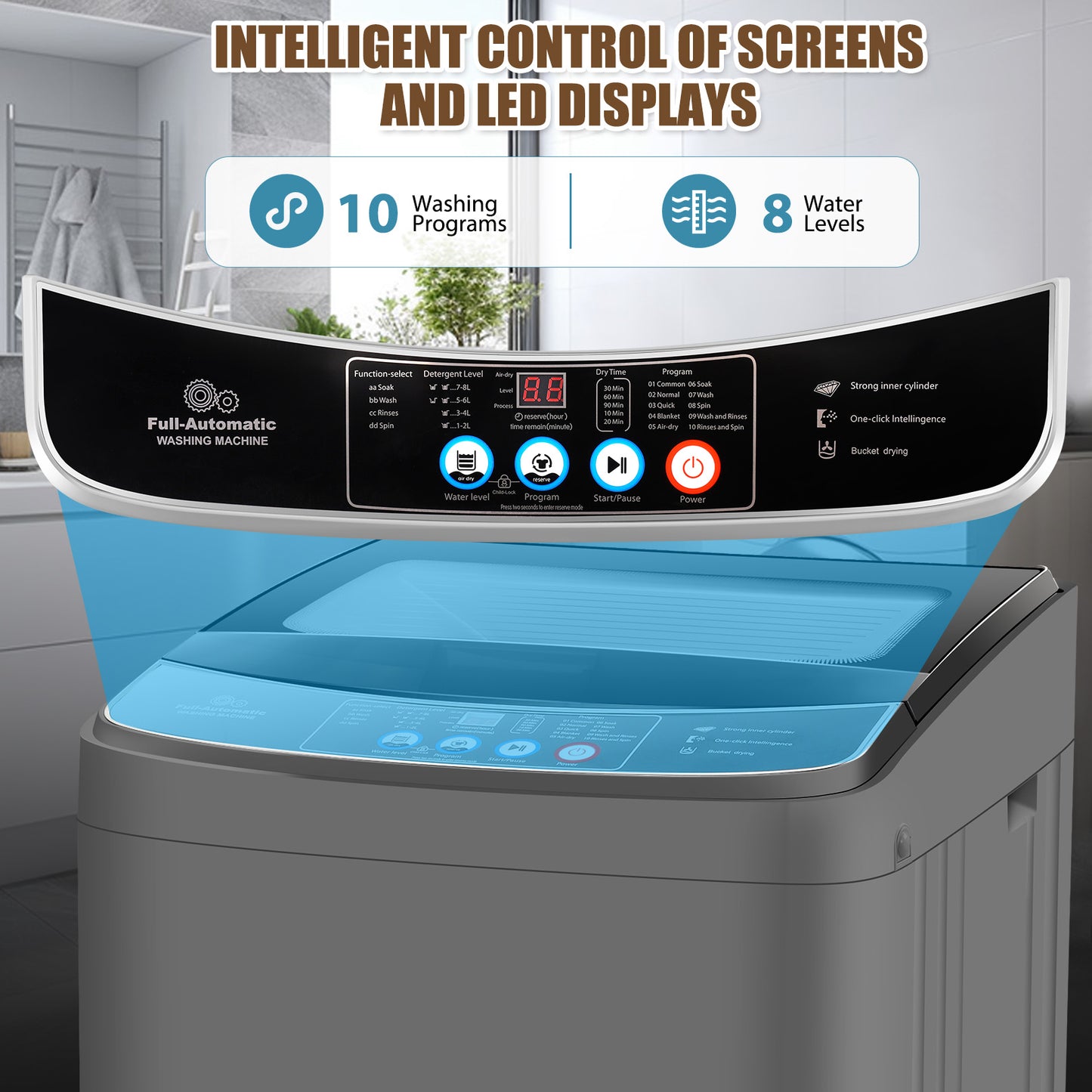 KRISRATE 17.8Lbs Portable Washing Machine, 2.4 Cu.ft Full Automatic Portable Washer with 10 Programs 8 Water Levels, Drain Pump, Glass Top Lid