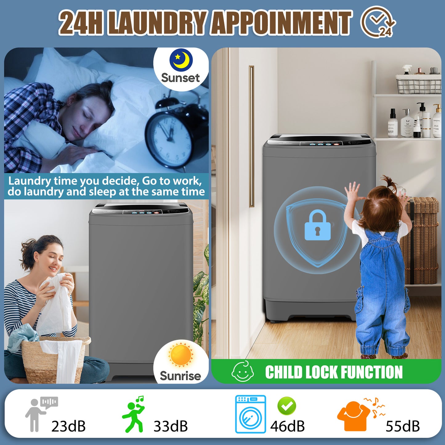 KRISRATE 17.8Lbs Portable Washing Machine, 2.4 Cu.ft Full Automatic Portable Washer with 10 Programs 8 Water Levels, Drain Pump, Glass Top Lid