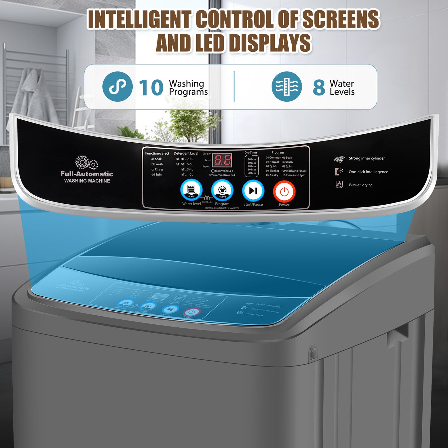 KRISRATE Portable Washing Machine 15.6Lbs/20Lbs Compact Washer with Drain Pump,10 Programs&8 Water Levels,LED Display for Apartment Dorm RV, Gray