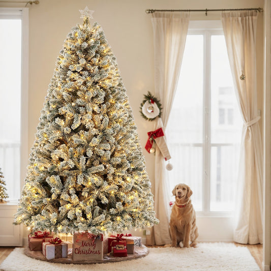 KRISRATE 6FT Pre-Lit Snow Flocked Christmas Tree with 250 LED Lights, 956 Branch Tips, Hinged Artificial Xmas Tree with Metal Stand for Holiday Decor
