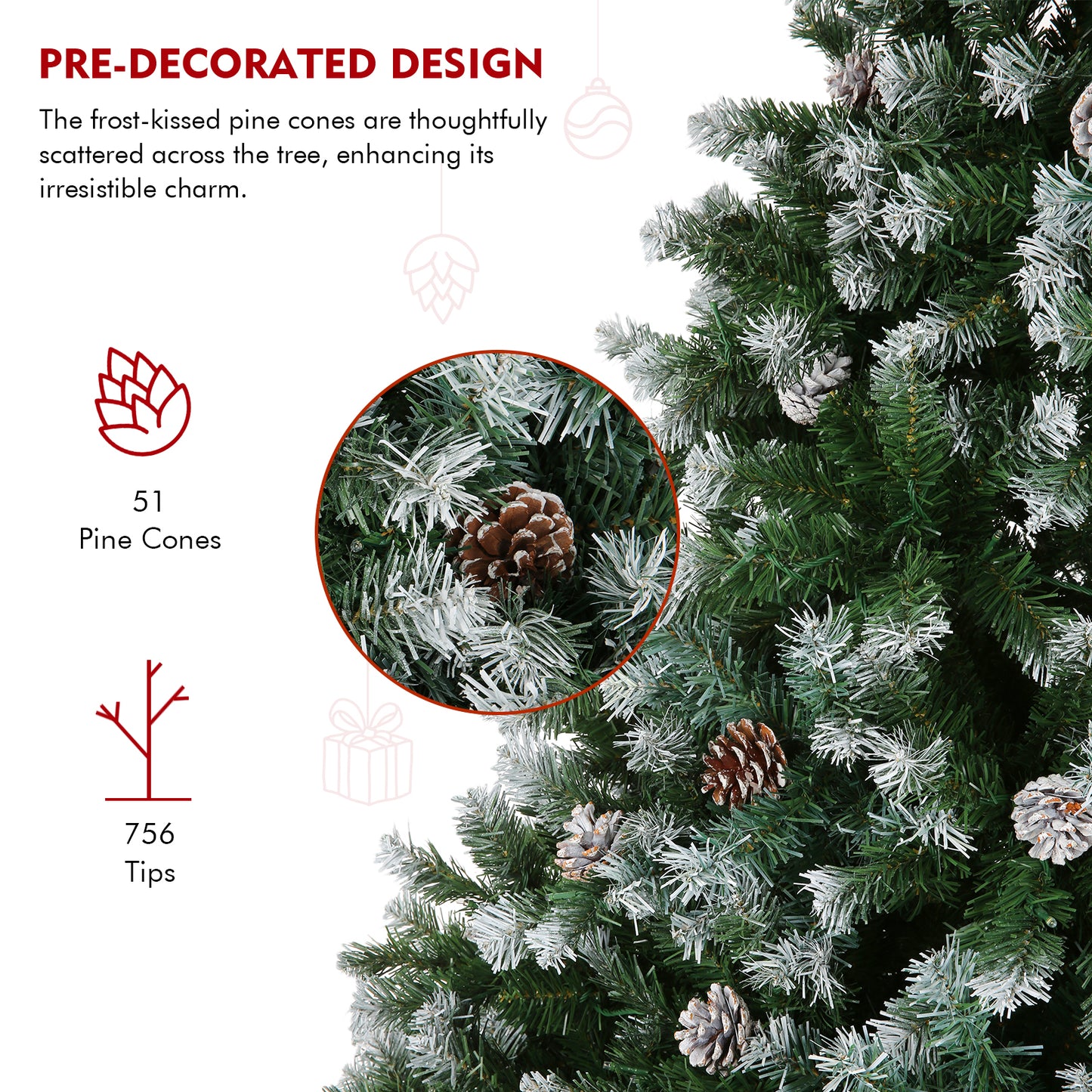 KRISRATE 6FT Christmas Tree with Pine Cones, Artificial Holiday Christmas Tree with 756 PVC Branch Tips, Easy Assembly for Home, Party, Office, Green