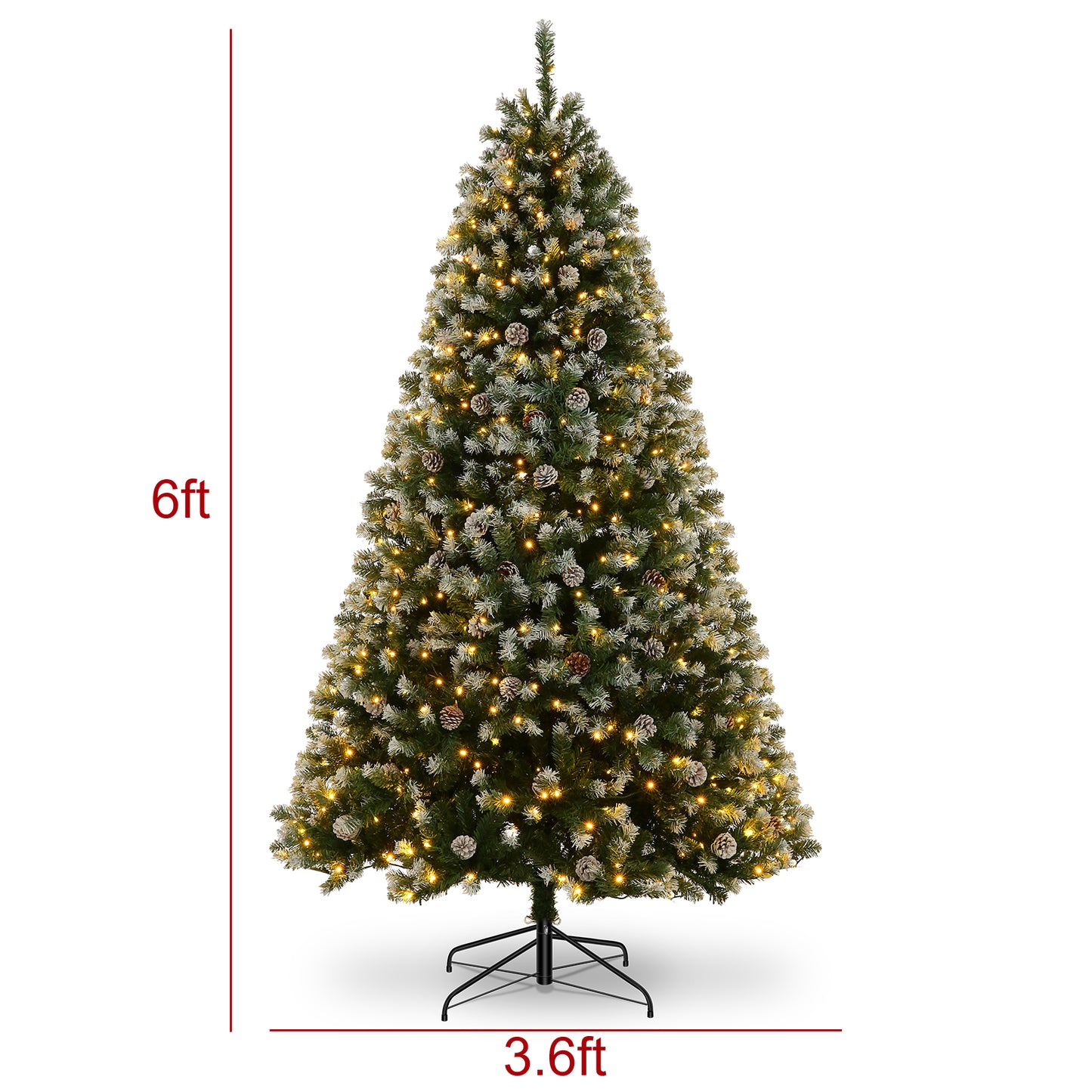 KRISRATE 6FT/7.5ft Pre-lit Christmas Tree, Snow Flocked Artificial Christmas Tree with 51/80 Pinecones &756/1346 PVC Branch Tips & 250/550 Warm Lights