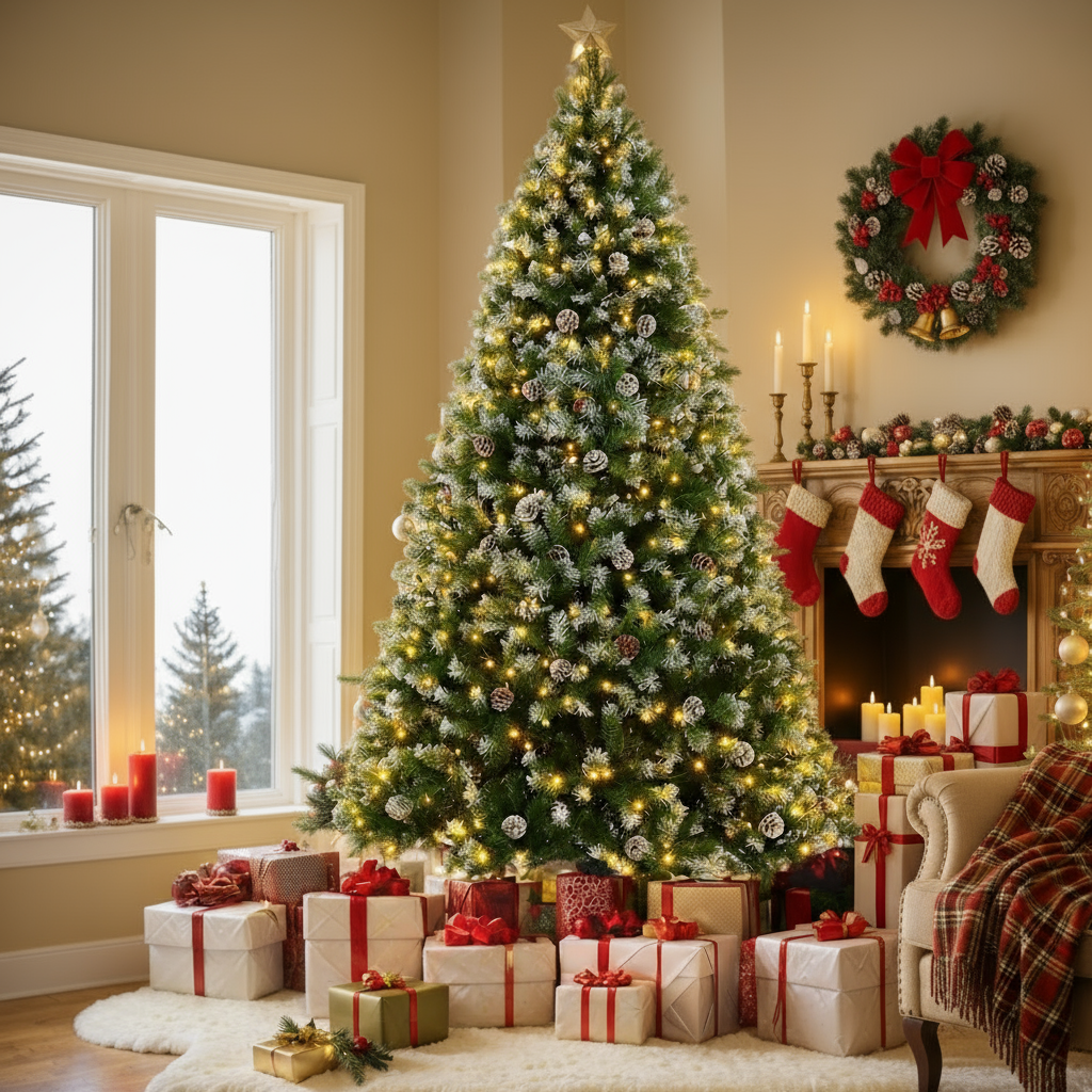 KRISRATE 6FT/7.5ft Pre-lit Christmas Tree, Snow Flocked Artificial Christmas Tree with 51/80 Pinecones &756/1346 PVC Branch Tips & 250/550 Warm Lights