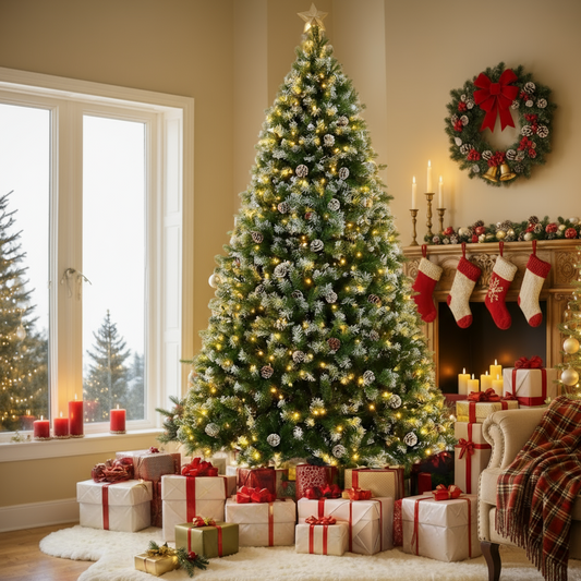 KRISRATE 6FT/7.5ft Pre-lit Christmas Tree, Snow Flocked Artificial Christmas Tree with 51/80 Pinecones &756/1346 PVC Branch Tips & 250/550 Warm Lights