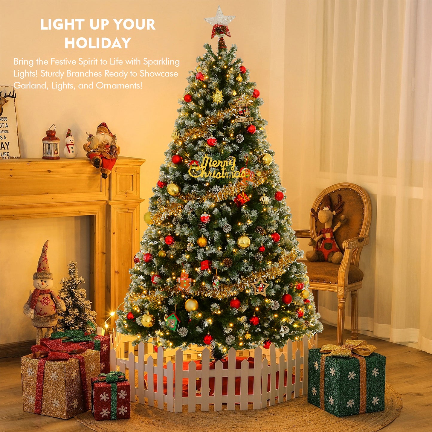 KRISRATE 6FT/7.5ft Pre-lit Christmas Tree, Snow Flocked Artificial Christmas Tree with 51/80 Pinecones &756/1346 PVC Branch Tips & 250/550 Warm Lights