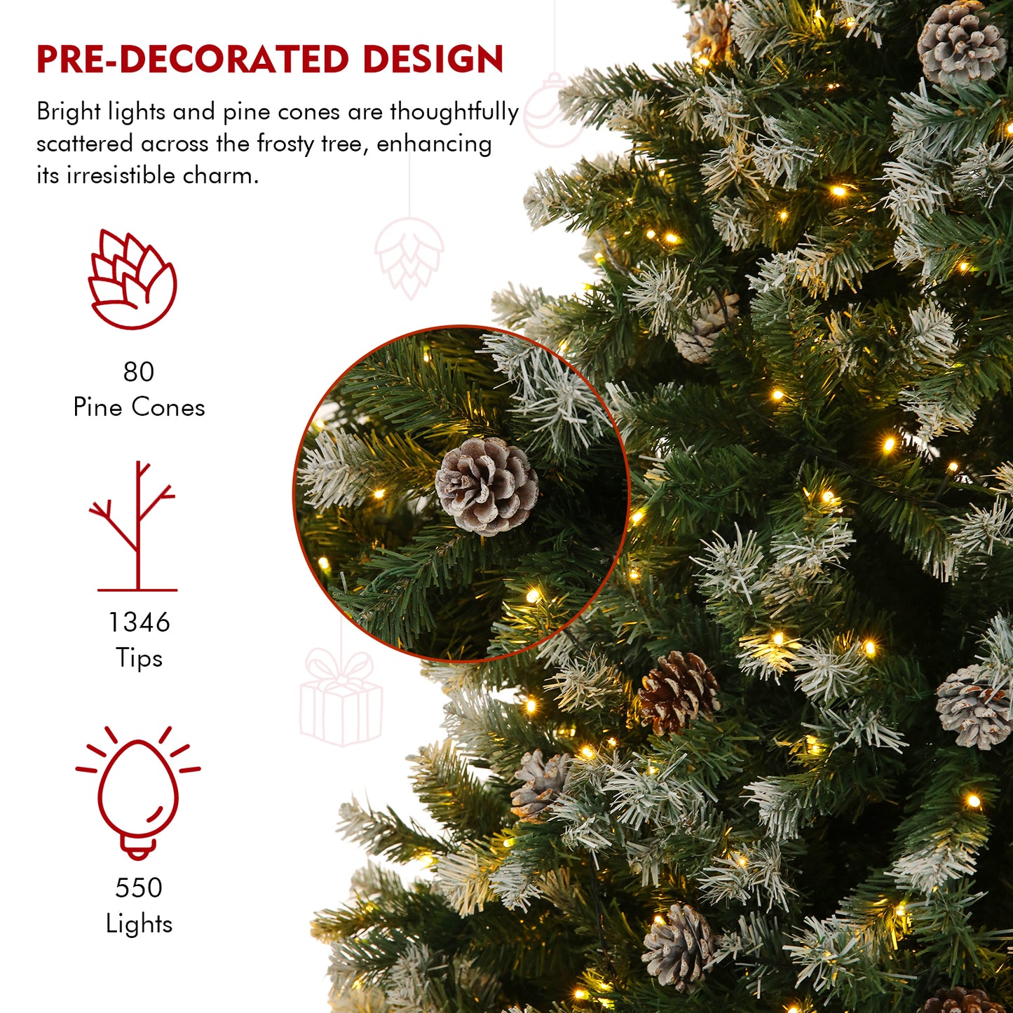 KRISRATE 6FT/7.5ft Pre-lit Christmas Tree, Snow Flocked Artificial Christmas Tree with 51/80 Pinecones &756/1346 PVC Branch Tips & 250/550 Warm Lights