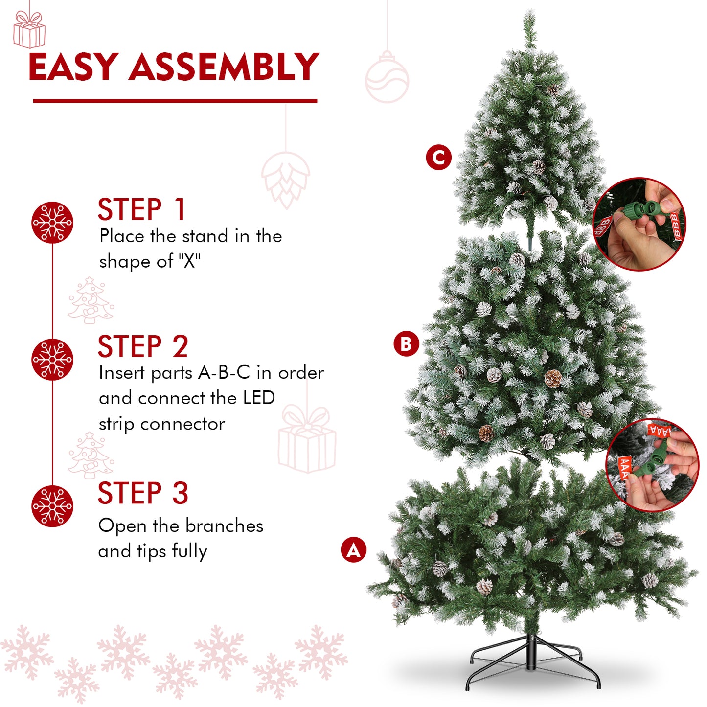KRISRATE 6FT/7.5ft Pre-lit Christmas Tree, Snow Flocked Artificial Christmas Tree with 51/80 Pinecones &756/1346 PVC Branch Tips & 250/550 Warm Lights