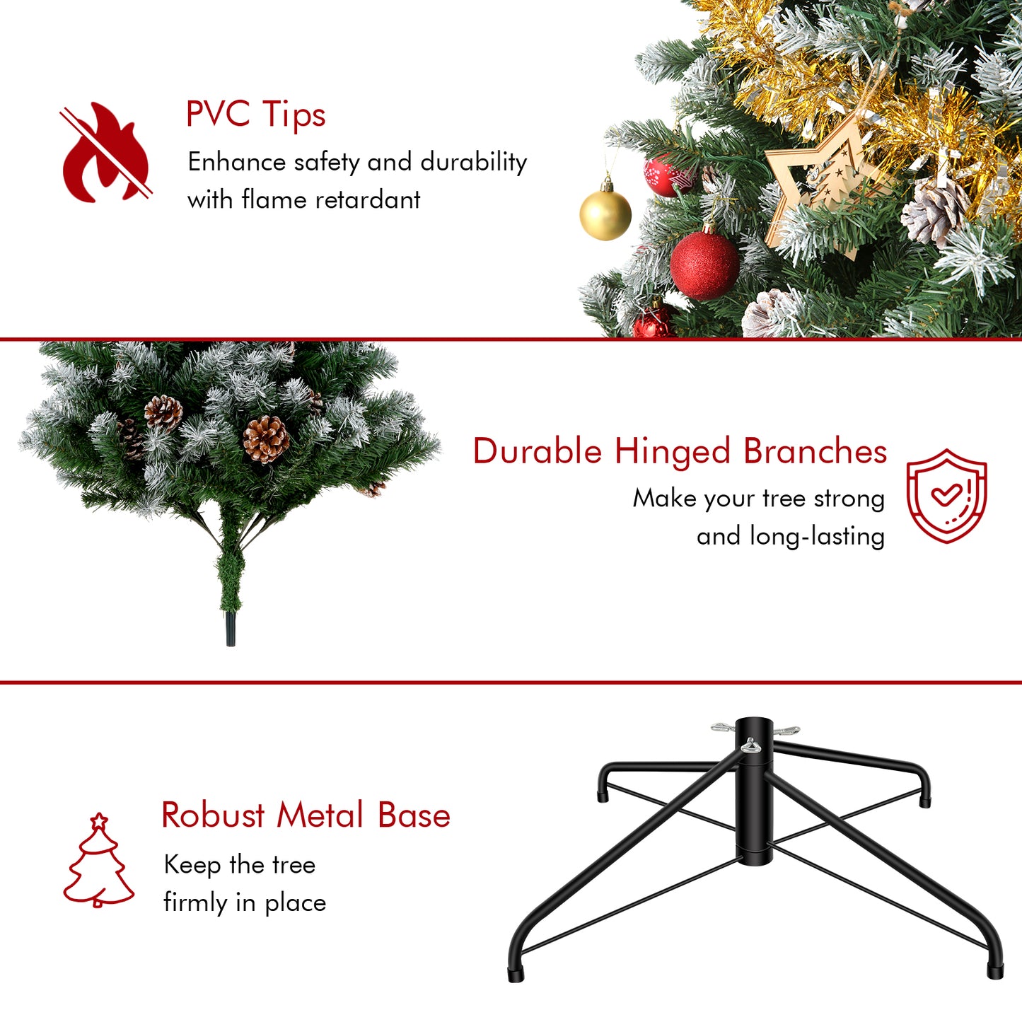 KRISRATE 6FT/7.5ft Pre-lit Christmas Tree, Snow Flocked Artificial Christmas Tree with 51/80 Pinecones &756/1346 PVC Branch Tips & 250/550 Warm Lights