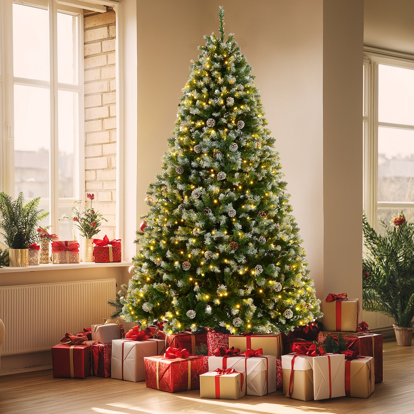 KRISRATE 6FT/7.5ft Pre-lit Christmas Tree, Snow Flocked Artificial Christmas Tree with 51/80 Pinecones &756/1346 PVC Branch Tips & 250/550 Warm Lights