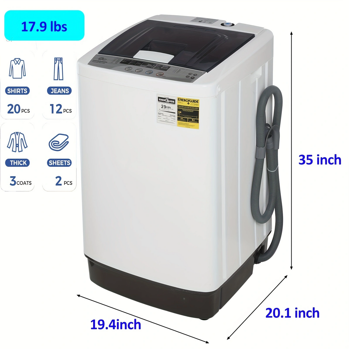 KRISRATE Portable Washing Machine, 20/15.6Lbs Capacity Full-Automatic Washer Machine with Drain Pump, LED Display, 10 Programs & 8 Water Levels