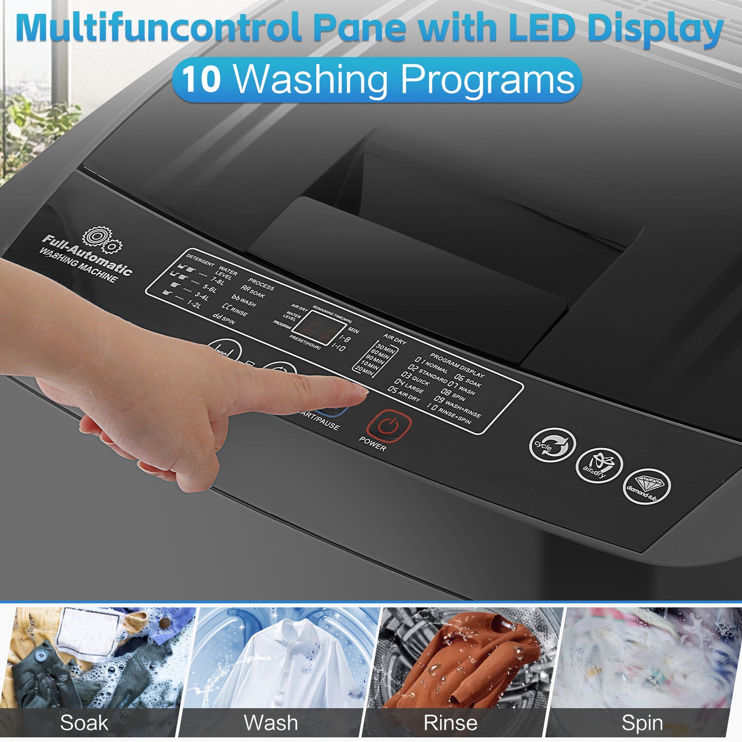 KRISRATE 17.8Lbs Portable Washing Machine 2.4 Cu.ft Full Auto Washer with Drain Pump, 10 Programs LED Display, Compact Laundry for Apartment RV Home