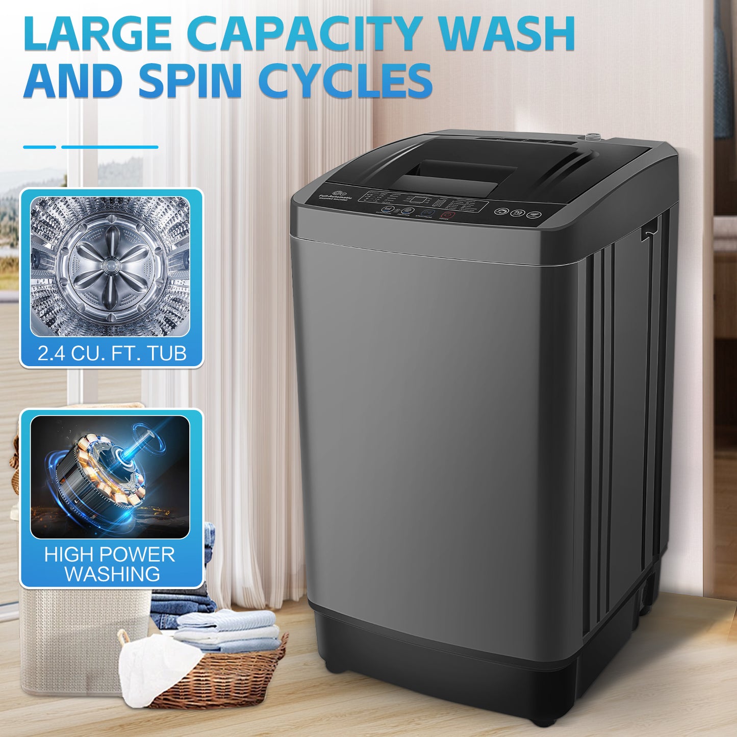 KRISRATE 17.8Lbs Portable Washing Machine 2.4 Cu.ft Full Auto Washer with Drain Pump, 10 Programs LED Display, Compact Laundry for Apartment RV Home