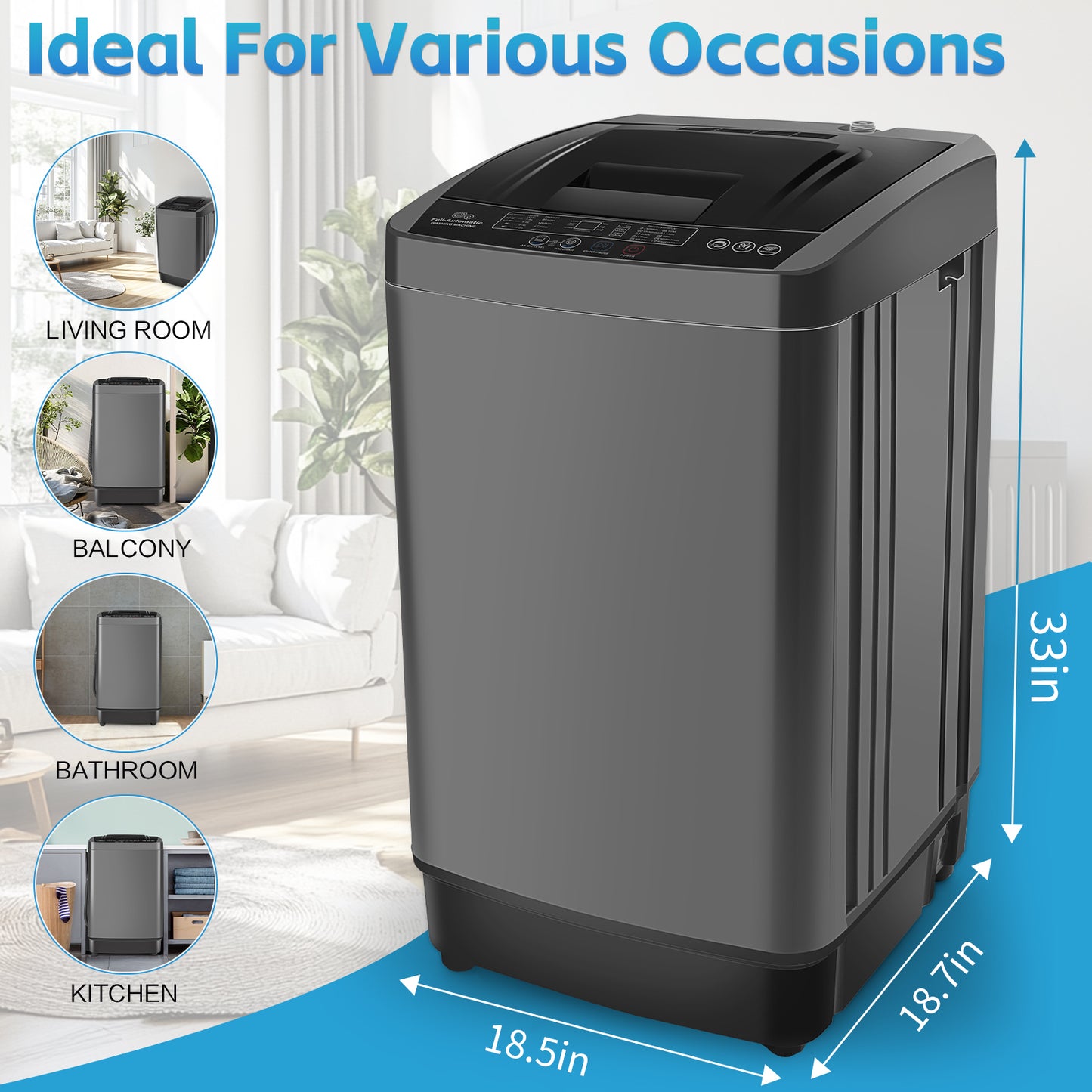 KRISRATE 17.8Lbs Portable Washing Machine 2.4 Cu.ft Full Auto Washer with Drain Pump, 10 Programs LED Display, Compact Laundry for Apartment RV Home