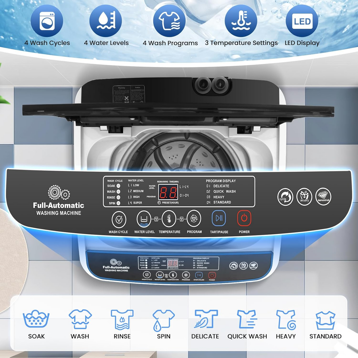 KRISRATE 20Lbs Portable Washing Machine, 2.8 Cu.ft Full Automatic Washing Machine with Drain Pump, 10 Programs 8 Water Levels for Apartment RV Home