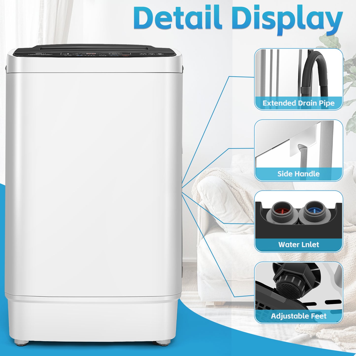 KRISRATE 20Lbs Portable Washing Machine, 2.8 Cu.ft Full Automatic Washing Machine with Drain Pump, 10 Programs 8 Water Levels for Apartment RV Home