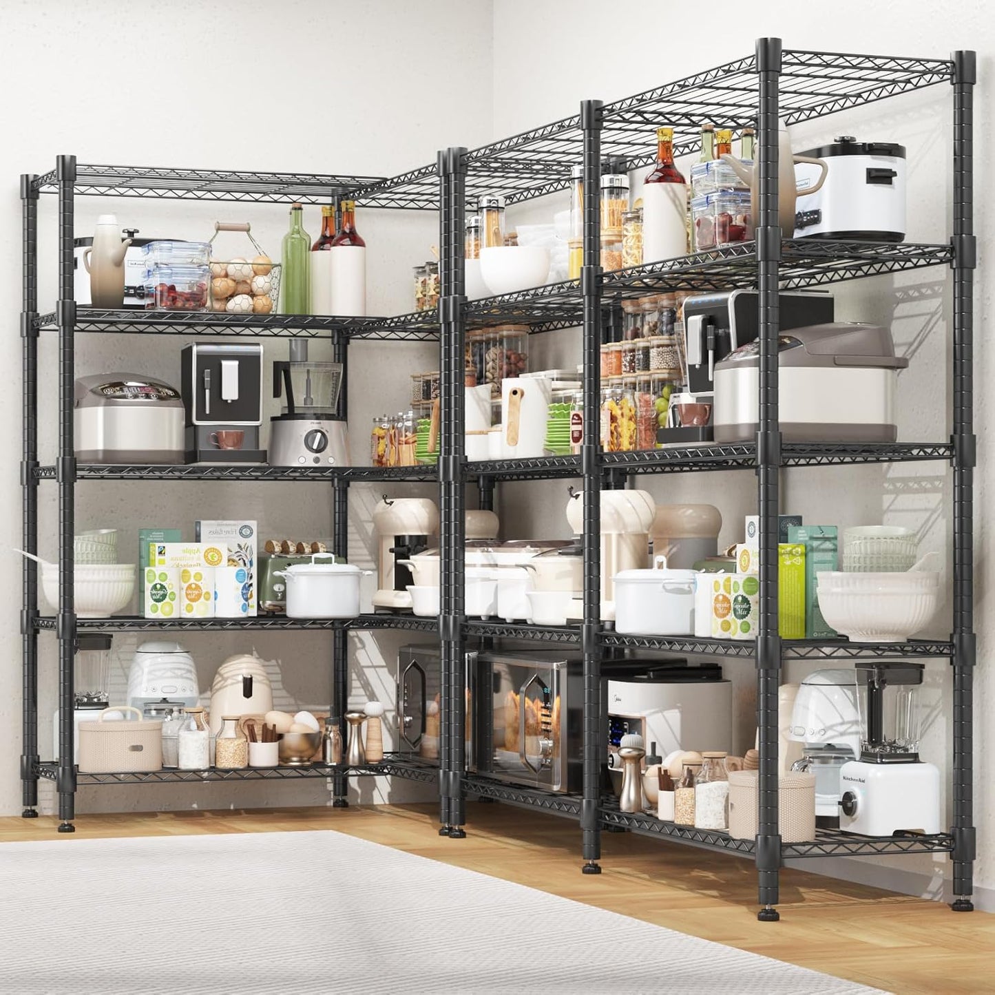 KRISRATE 4/5 Tier Wide Wire Shelving Storage Shelves Metal Closet/garage, 2-in-1 Linear/corner Setup Metal Shelves Heavy Duty w/ Adjustable Shelves
