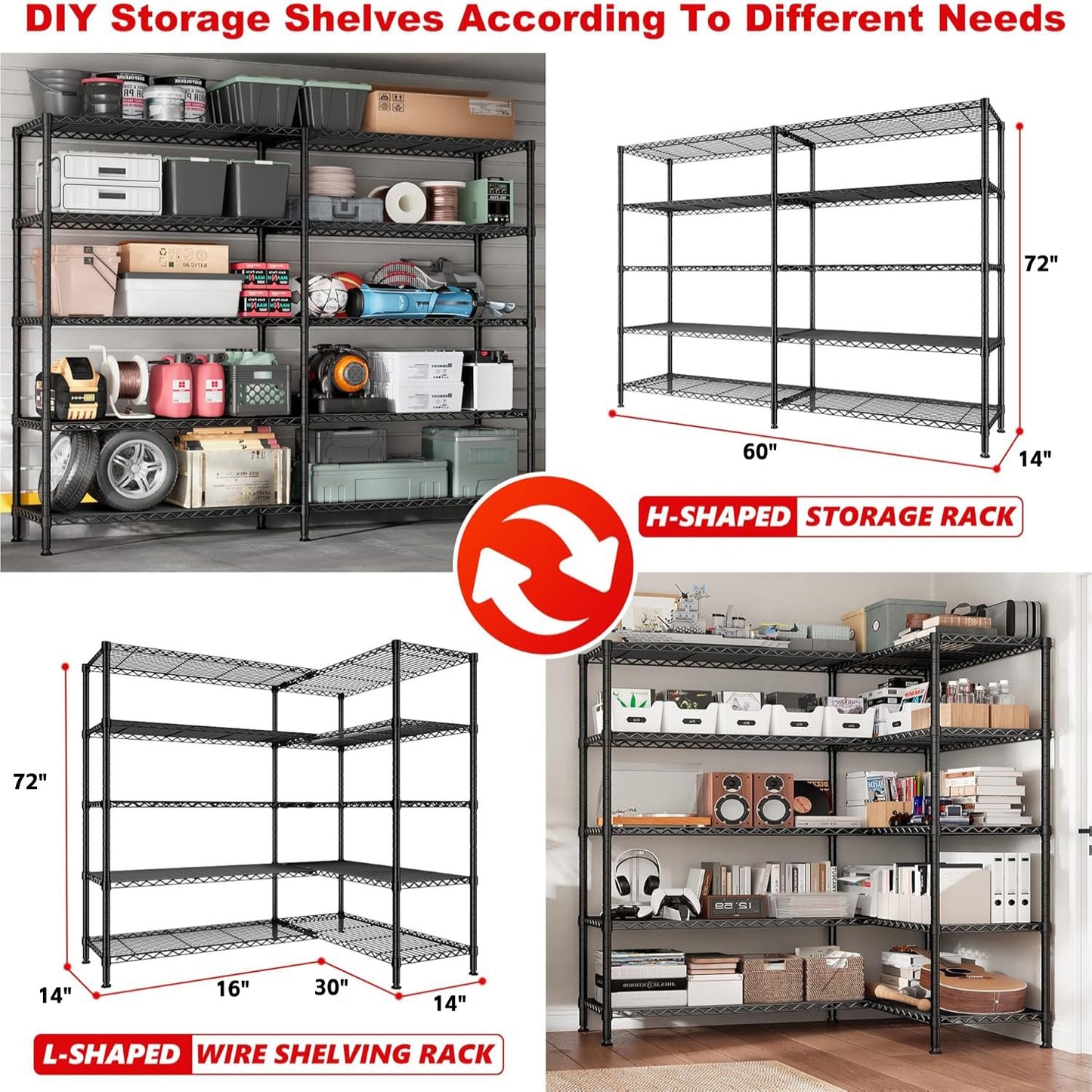 KRISRATE 4/5 Tier Wide Wire Shelving Storage Shelves Metal Closet/garage, 2-in-1 Linear/corner Setup Metal Shelves Heavy Duty w/ Adjustable Shelves