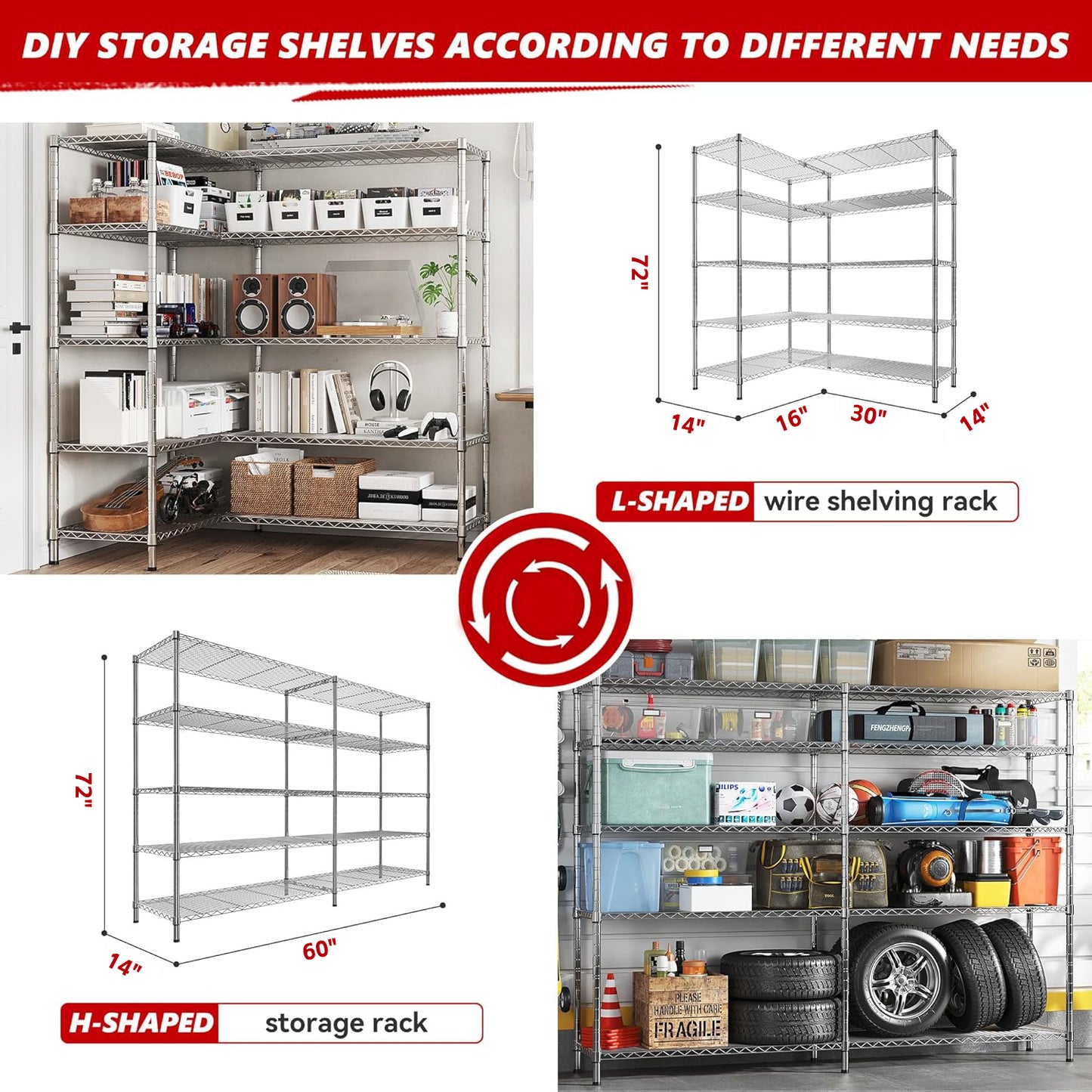 KRISRATE 4/5 Tier Wide Wire Shelving Storage Shelves Metal Closet/garage, 2-in-1 Linear/corner Setup Metal Shelves Heavy Duty w/ Adjustable Shelves