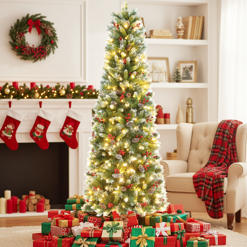 KRISRATE 6FT Pre-lit Pencil Christmas Tree, Partially Flocked Slim Holiday Tree Decoration, Skinny Xmas Tree, 250 Lights, 566 Frosted Tips, PineCones