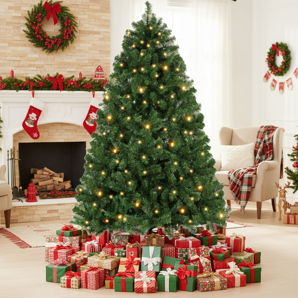 KRISRATE 6FT Pre-Lit Artificial Christmas Tree Full Tree with 1455 PVC Branch Tips, 250 Multicolored Lights/Warm White Lights,8 Light Sequences,Green