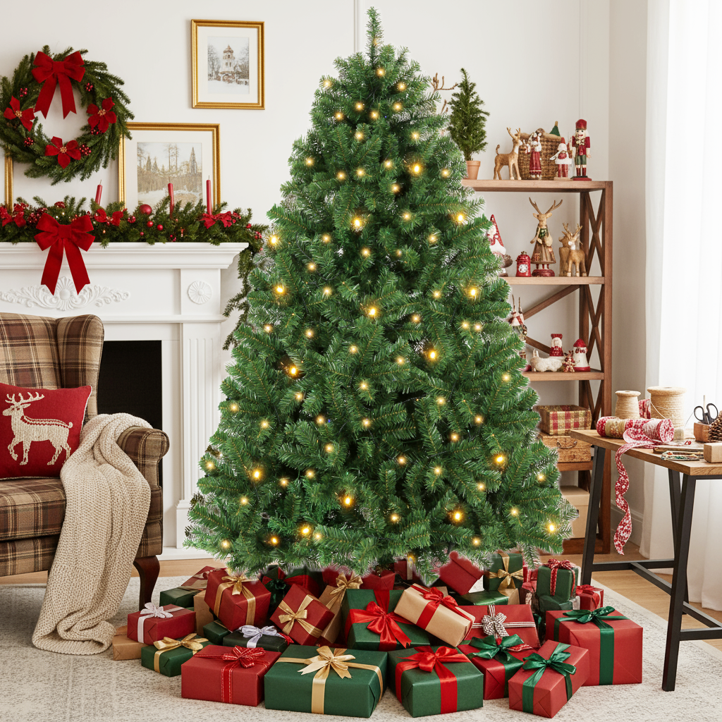 KRISRATE 6FT Pre-Lit Artificial Christmas Tree Full Tree with 1455 PVC Branch Tips, 250 Multicolored Lights/Warm White Lights,8 Light Sequences,Green