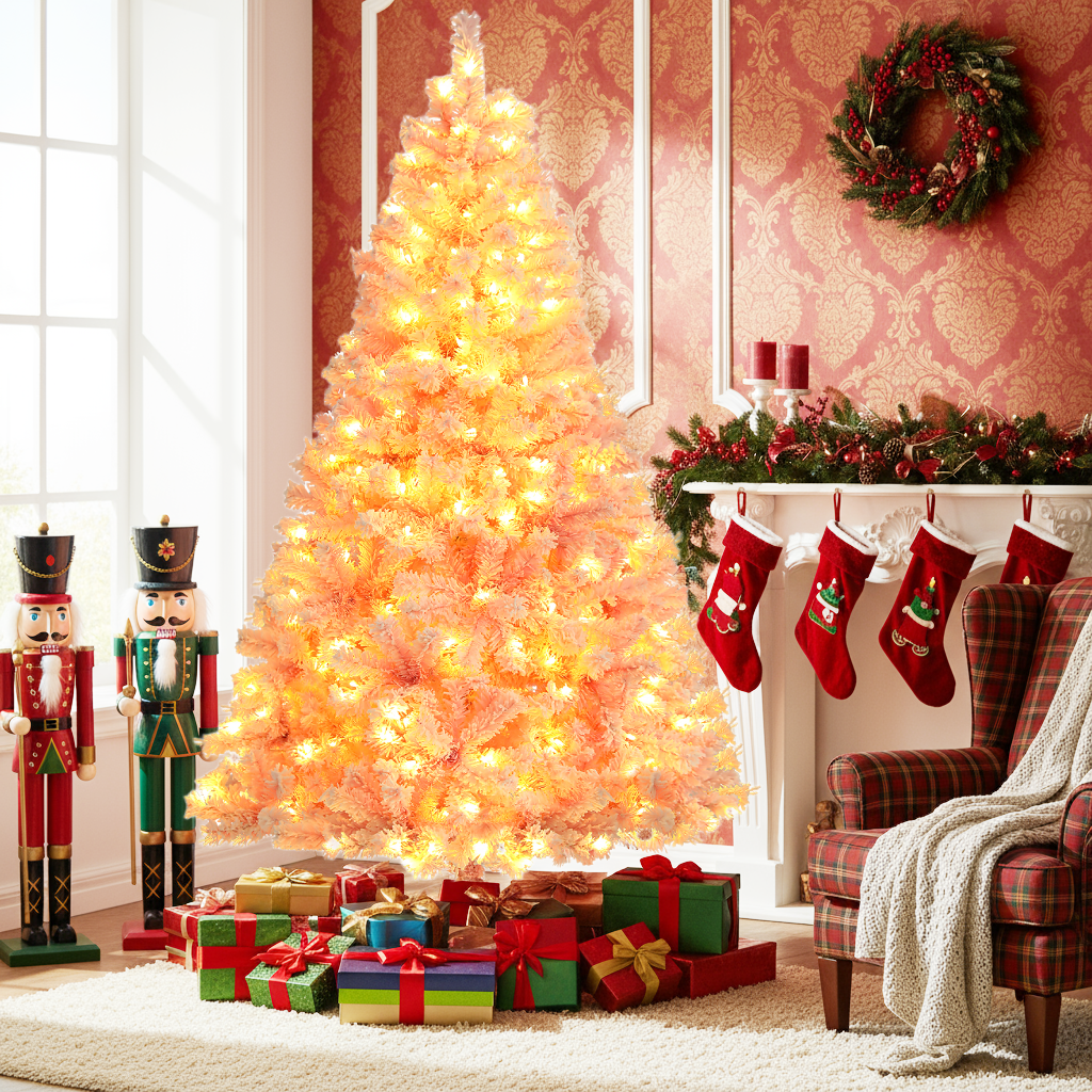 KRISRATE 6FT Pre-lit Pink Flocked Artificial Christmas Tree 8 Adjustable Light Modes, 250 LED Lights, 640 PVC Branch Tips, Foldable Metal Stand, Pink