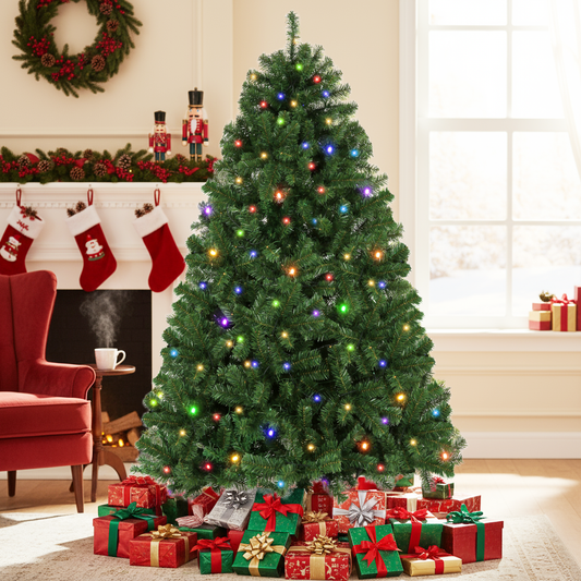 KRISRATE 6FT Green Pre-lit Artificial Christmas Tree with Multicolor Lights, 1455 PVC Full Branches&250 Lights,Holiday Tree for Home Party Decoration