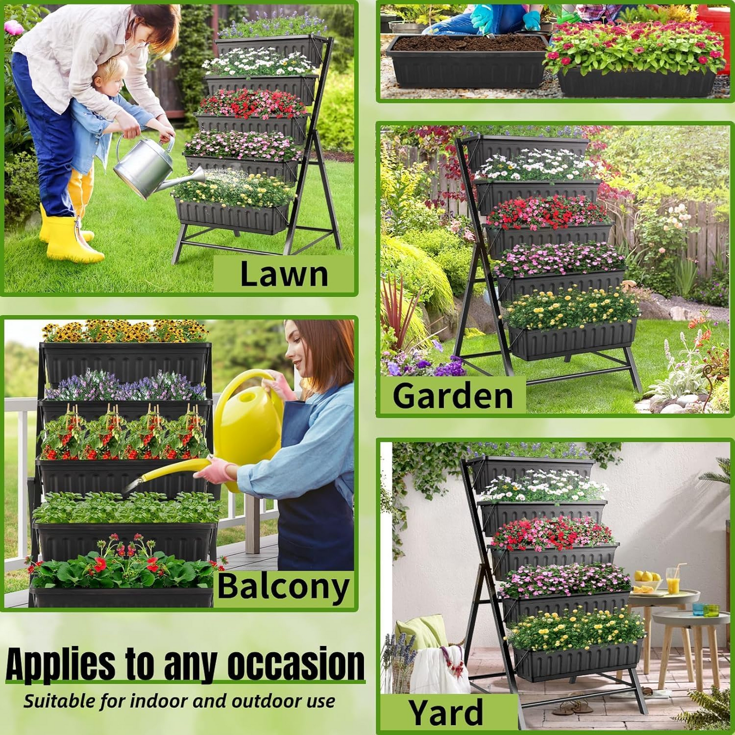 KRISRATE 2 Pack 5-Tier Vertical Raised Garden Bed with Wheels, 27"×30"×48" Elevated Planter Boxes with Hooks, Mobile Vegetable Herb Flower Stand Black