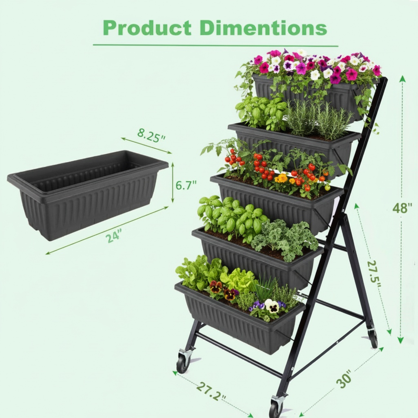 KRISRATE 2 Pack 5-Tier Vertical Raised Garden Bed with Wheels, 27"×30"×48" Elevated Planter Boxes with Hooks, Mobile Vegetable Herb Flower Stand Black