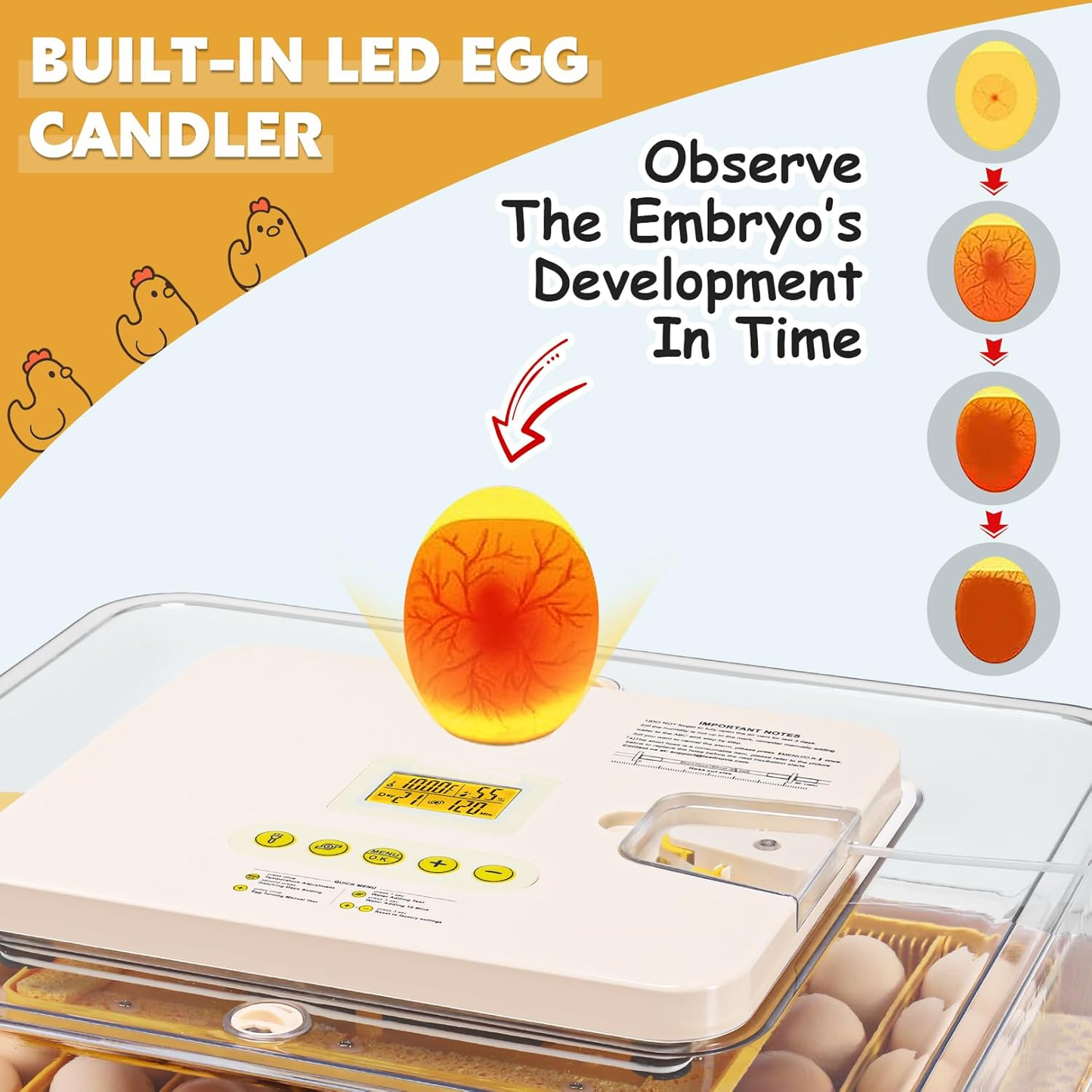 KRISRATE 56 Egg Incubator with Automatic Turning & Auto Humidification - Temperature Control, Egg Candler & 360° View for Chicken/Duck/Quail Hatching